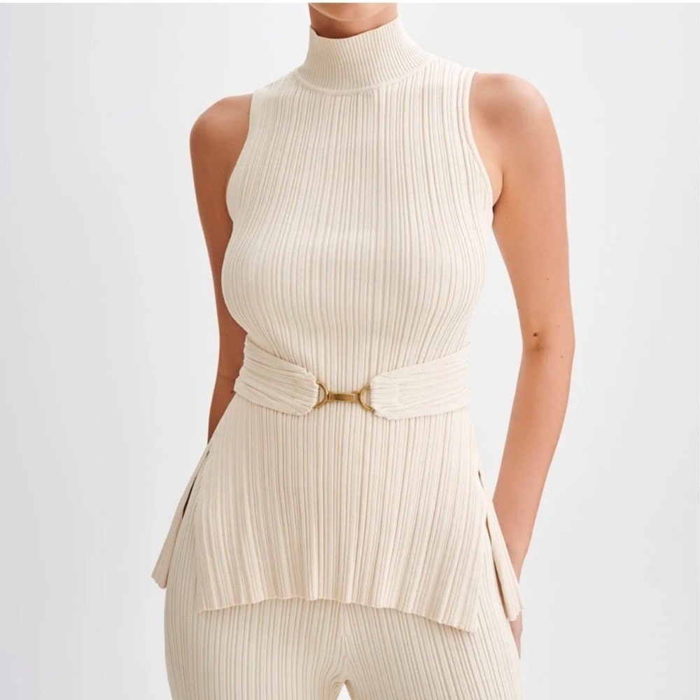 Meshki Cream Ribbed Knit Tanya High Neck Cut Out Back Top XL NWT